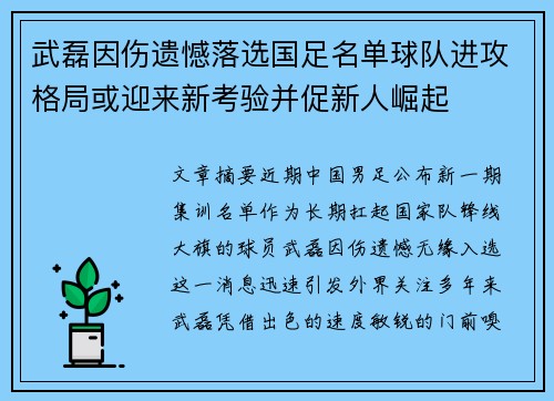 武磊因伤遗憾落选国足名单球队进攻格局或迎来新考验并促新人崛起 武磊因伤遗憾落选国足名单球队进攻格局或迎来新考验并促新人崛起