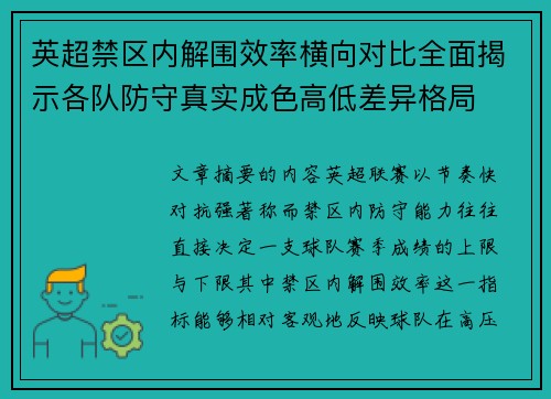 英超禁区内解围效率横向对比全面揭示各队防守真实成色高低差异格局 英超禁区内解围效率横向对比全面揭示各队防守真实成色高低差异格局