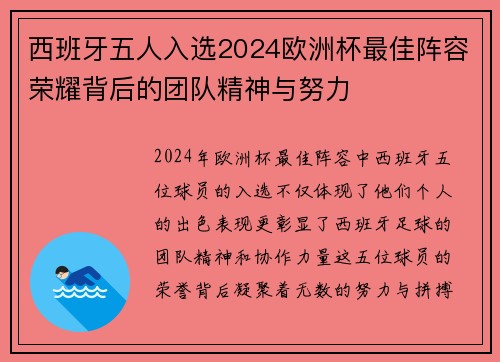 西班牙五人入选2024欧洲杯最佳阵容荣耀背后的团队精神与努力 西班牙五人入选2024欧洲杯最佳阵容荣耀背后的团队精神与努力